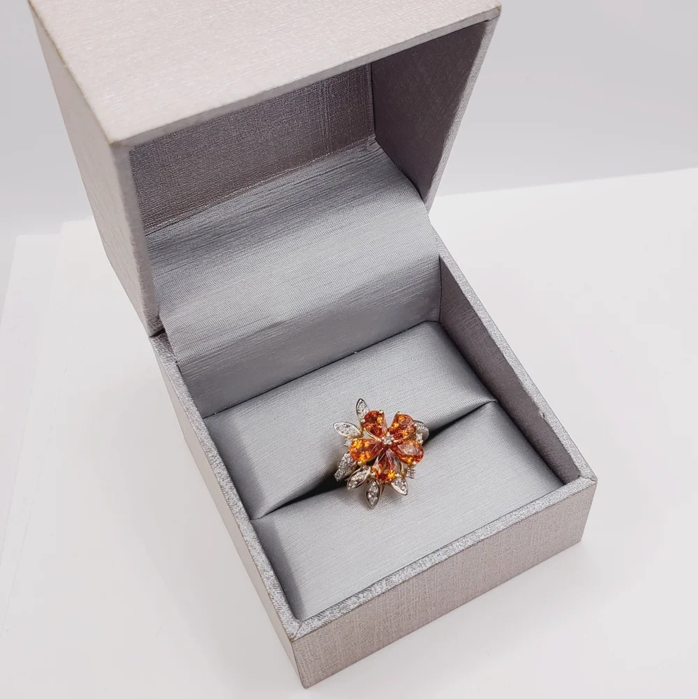 10k Solid Yellow Gold Genuine Spessartite Mandarin Garnet & Diamond Flower Ring